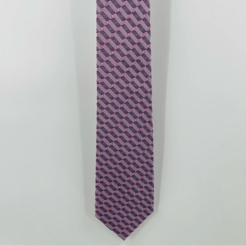 David Taylor Pink Grey White Geometric Office Business Corp Handmade Silk Tie